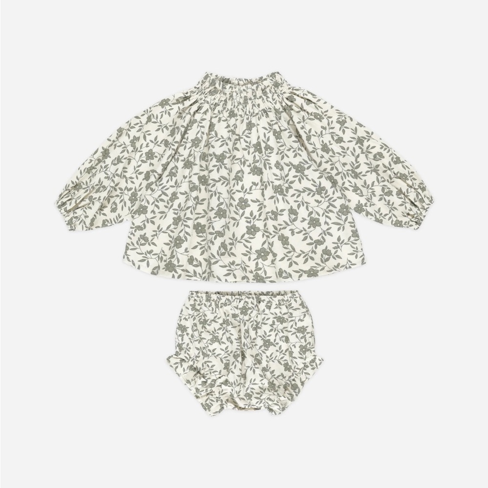 Rylee + Cru Cream and Green Leaf Print Kids Matching Set